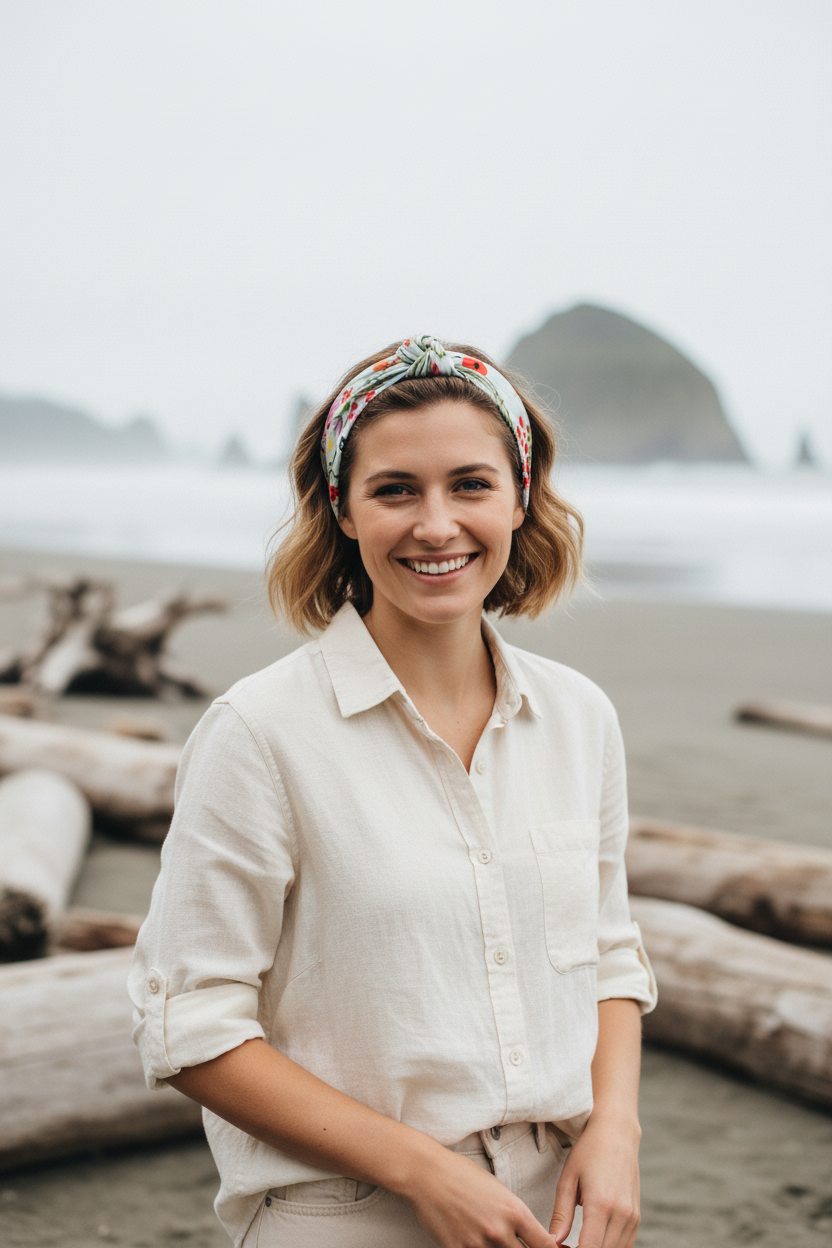 Floral green Beach Bandana tied in the hair as a headband on a Pacific Northwest beach with sea stacks, perfect for beach days, sun protection and summer brunch