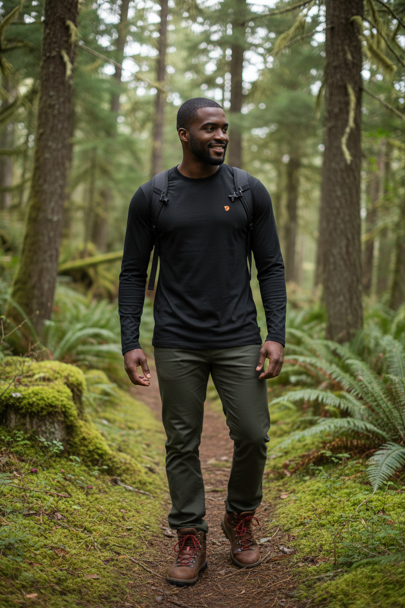 Fjällräven Bergtagen merino long sleeve in black, an odor-resistant layer made for PNW forest hikes, backpacking and long days on the trail.