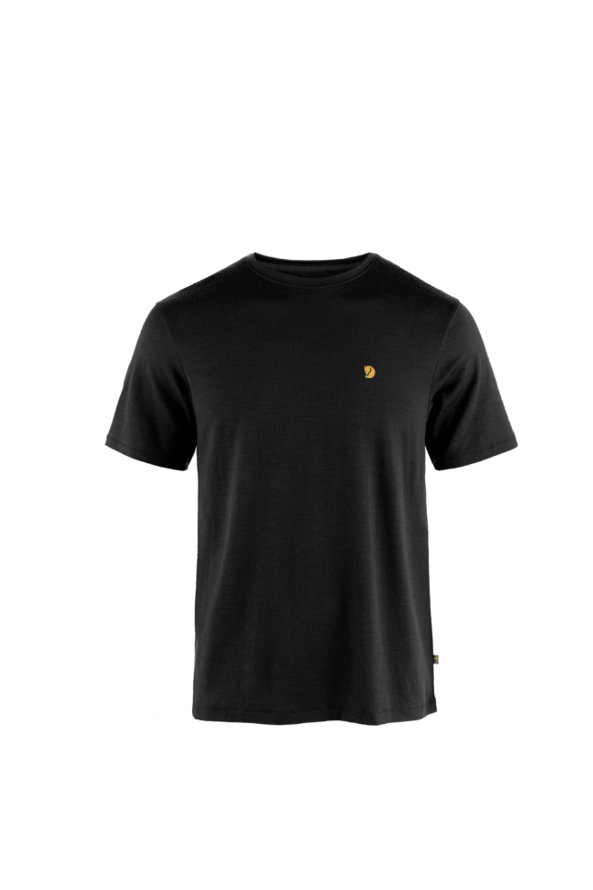 Fjällräven Bergtagen merino short sleeve shirt in Black, a soft, odor-resistant merino wool base layer tee for hiking, trail running, travel and layering on outdoor adventures