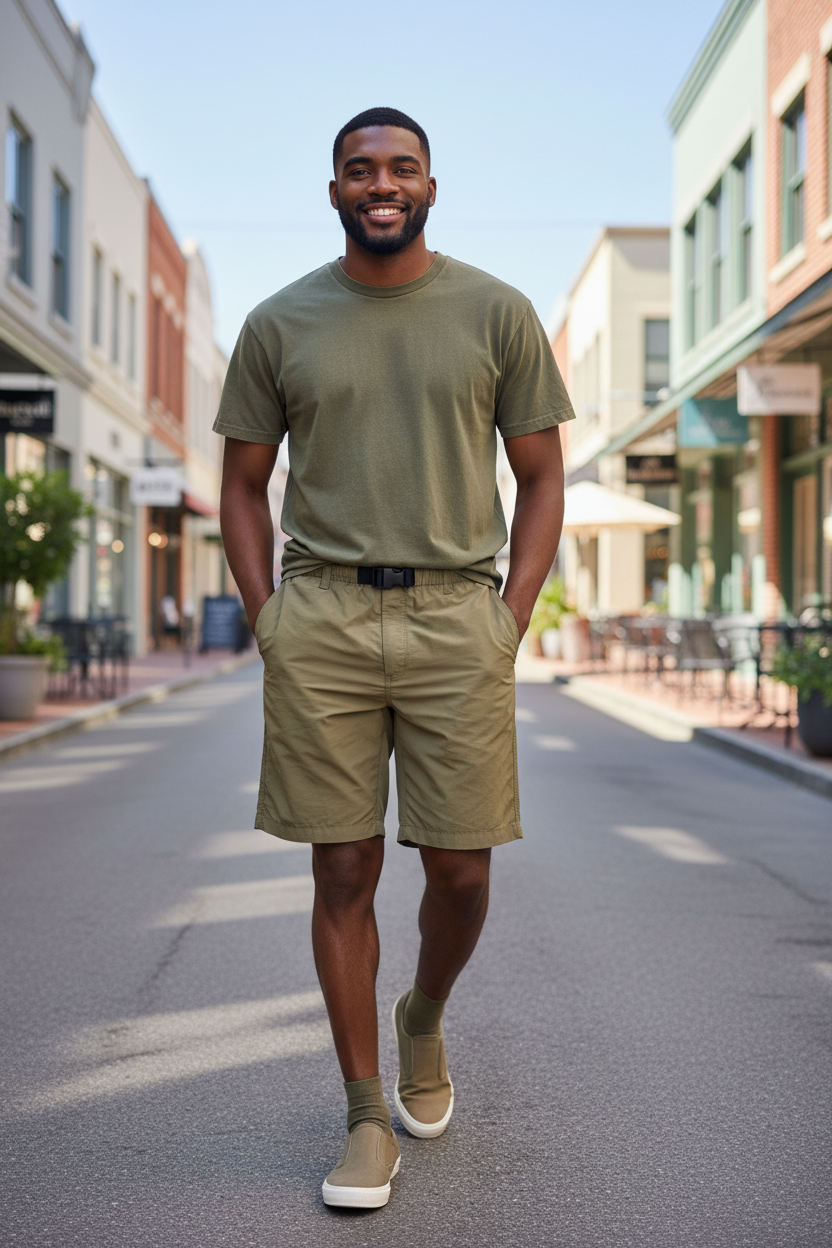 Man wearing the KAVU Big Eddy Short in Olive with the Rhythm Classic Vintage Tee in Olive on a sunny shopping street, an easy warm-weather outfit for errands, patios, river days and weekend strolls