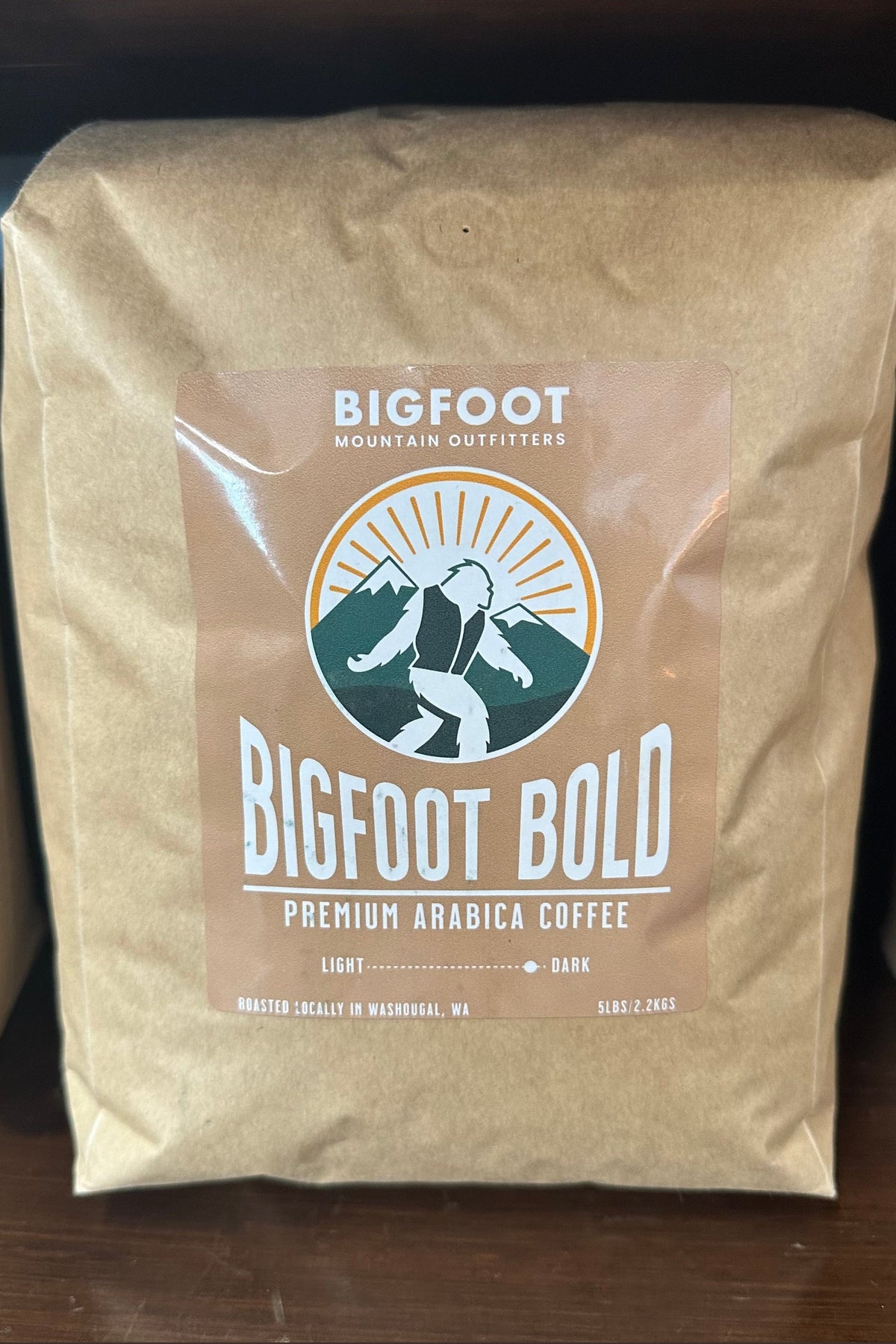 Bigfoot Mountain Outfitters Bigfoot Bold premium dark roast coffee whole bean bulk 5 lb bag, a bold campfire-style brew for serious coffee drinkers, offices, cabins and big households