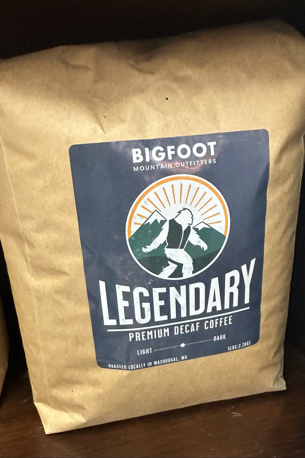 Bigfoot Mountain Outfitters Bigfoot Legendary premium decaf coffee whole bean bulk 5 lb bag, a smooth, full-flavored decaf for offices, cabins and households that go through a lot of coffee