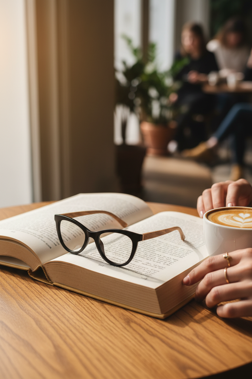 Blue Planet BL Glasses on an open book with a latte, perfect for reading, screen time and everyday wear