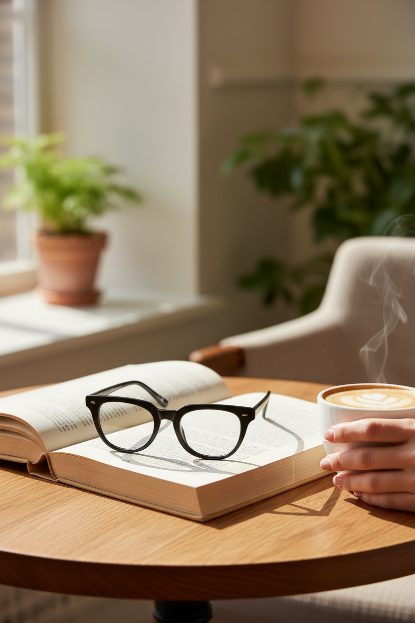 Blue Planet BL Readers on an open book with a latte, perfect for reading, screen time and everyday wear