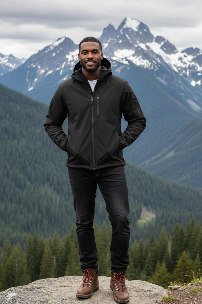 Man wearing the Bigfoot Mountain Outfitters BMO hooded soft shell jacket in Black at a Pacific Northwest mountain overlook, a wind- and water-resistant layer for hiking, trail days and drizzly weather in the Cascades