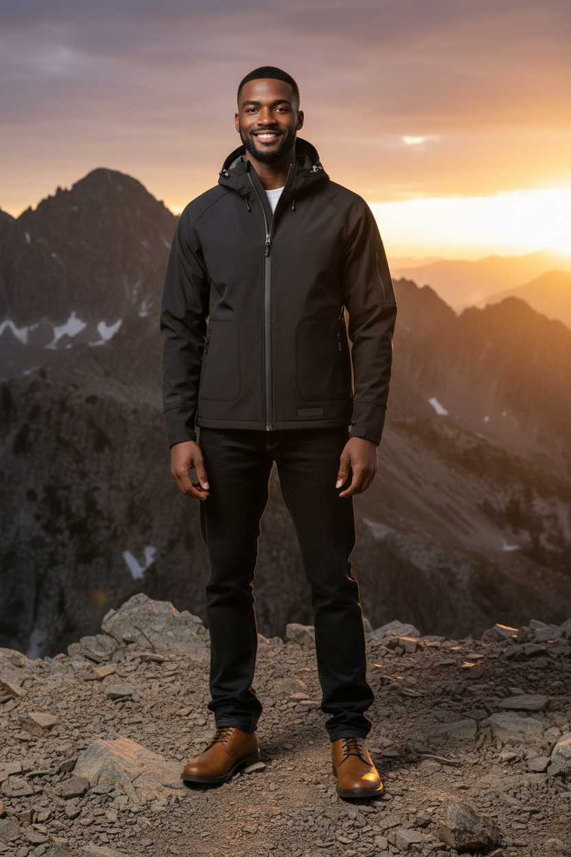 BMO hooded soft shell jacket in Black worn on a rocky mountain ridge at sunset, a packable shell for summit hikes, evening trail walks and cool, windy days outdoors