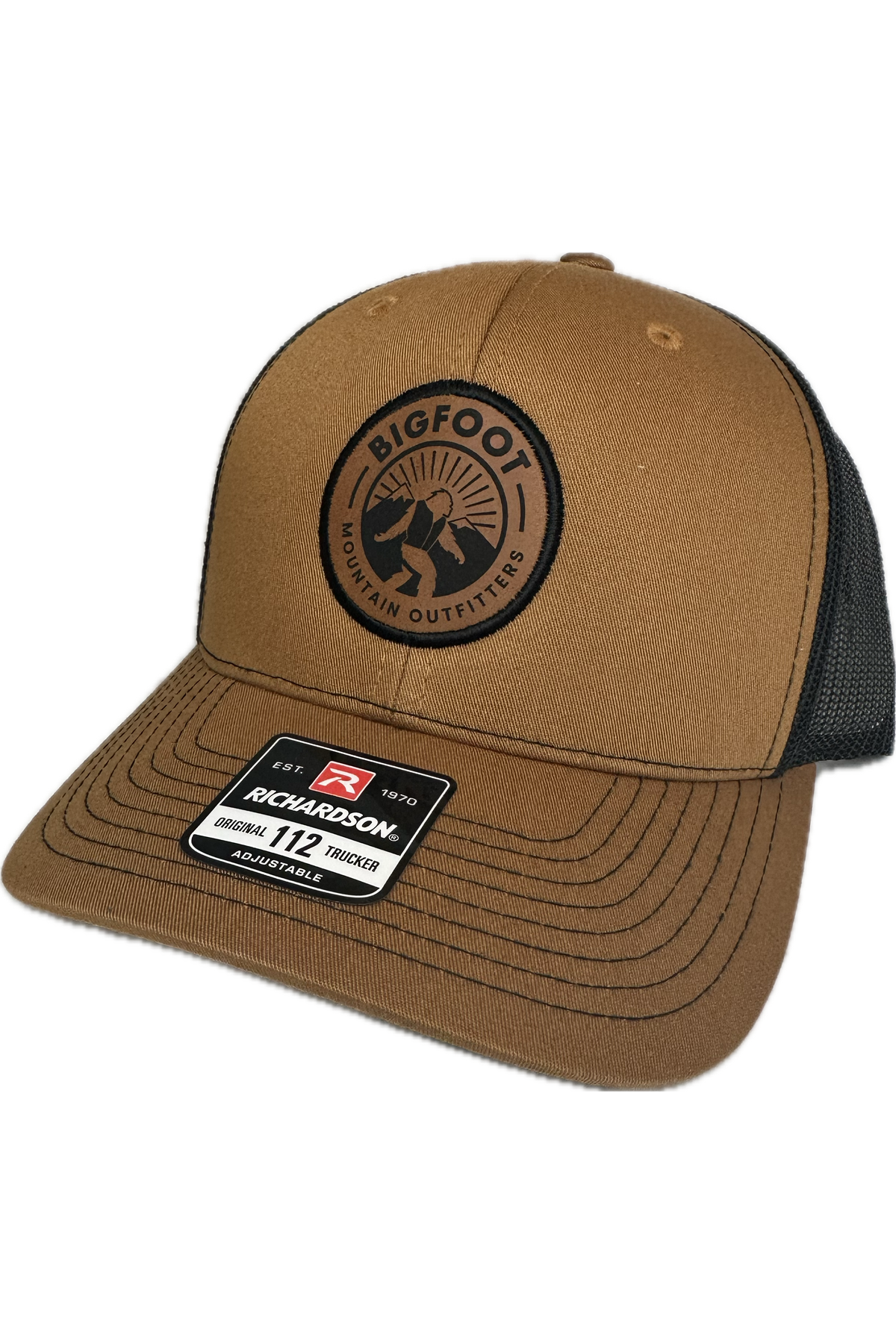 Bigfoot Mountain Outfitters signature mesh hat in Caramel/Black, a classic trucker hat for fishing, hiking, road trips, game days and everyday wear
