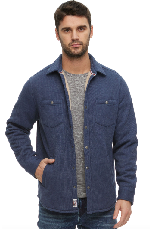 Flag & Anthem Boonton long sleeve thermal sherpa shirt jacket in Navy, a warm, stylish shacket for fall bonfires, tailgates, cabin weekends and chilly errands