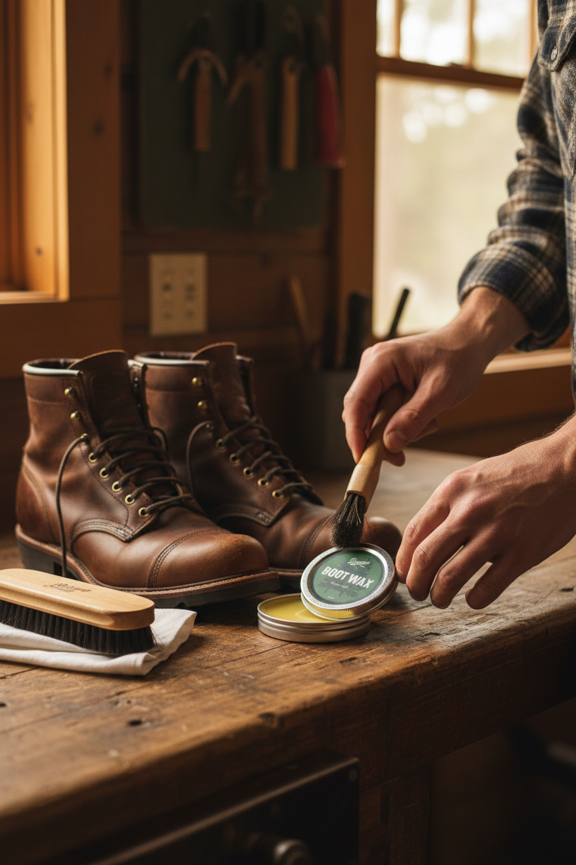 Danner Boot Wax on a cabin workbench with brown leather boots and a horsehair brush, conditions and waterproofs full-grain leather boots for work, hiking and wet Pacific Northwest weather