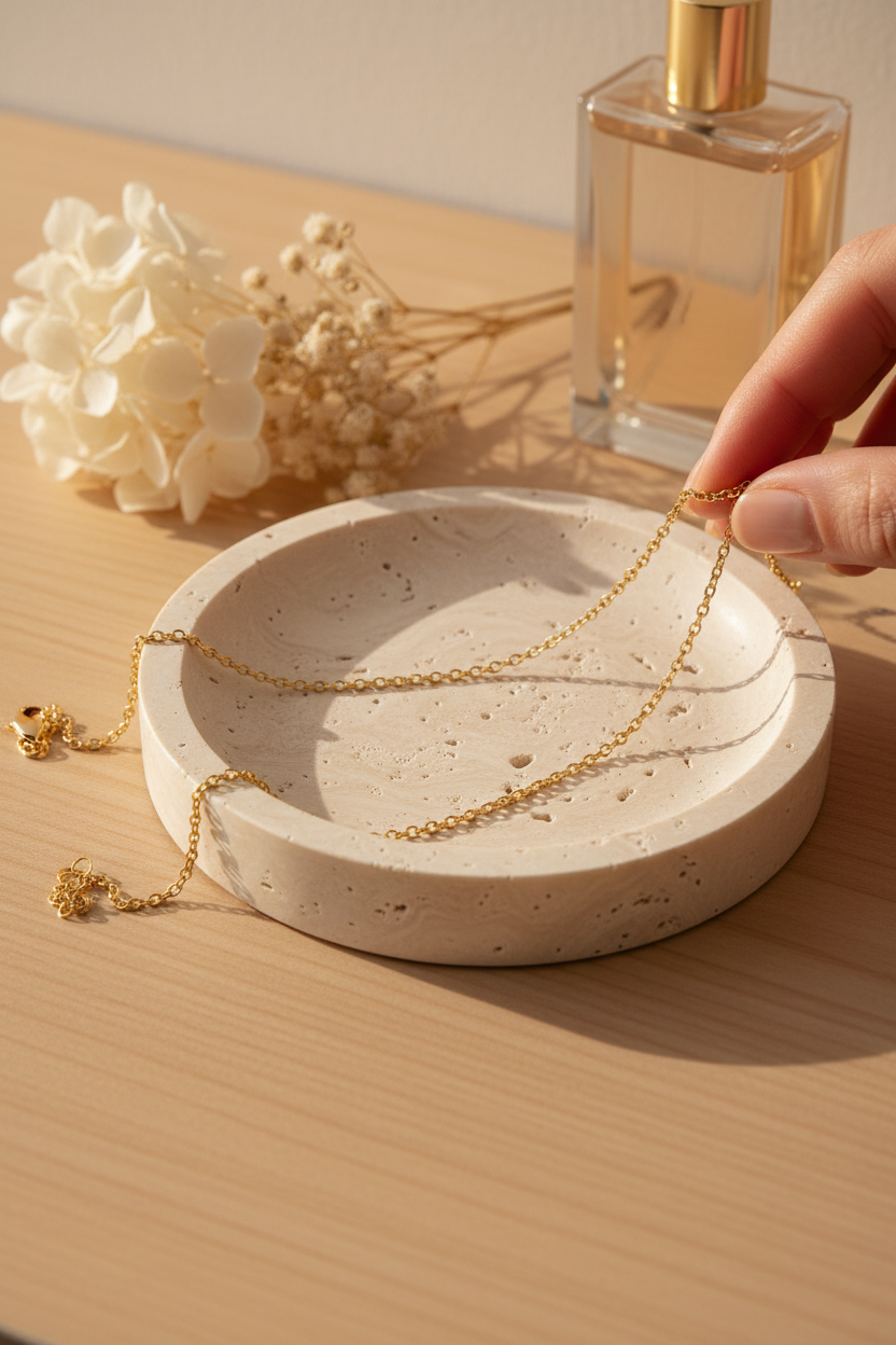 Waxing Poetic Bora Chain draped on a travertine jewelry dish, perfect for layering, everyday wear and gifting