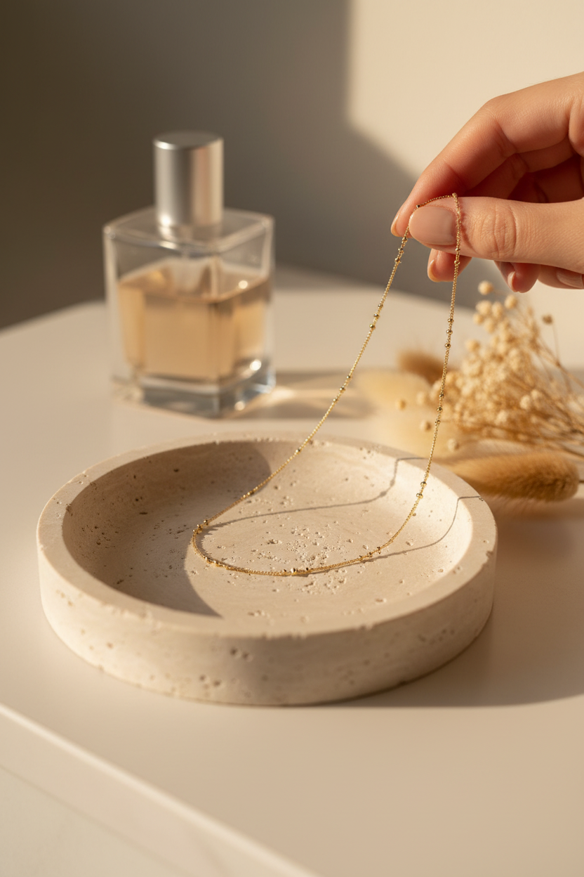 Miranda Frye Brinley Chain draped on a travertine jewelry dish, perfect for layering, everyday wear and gifting