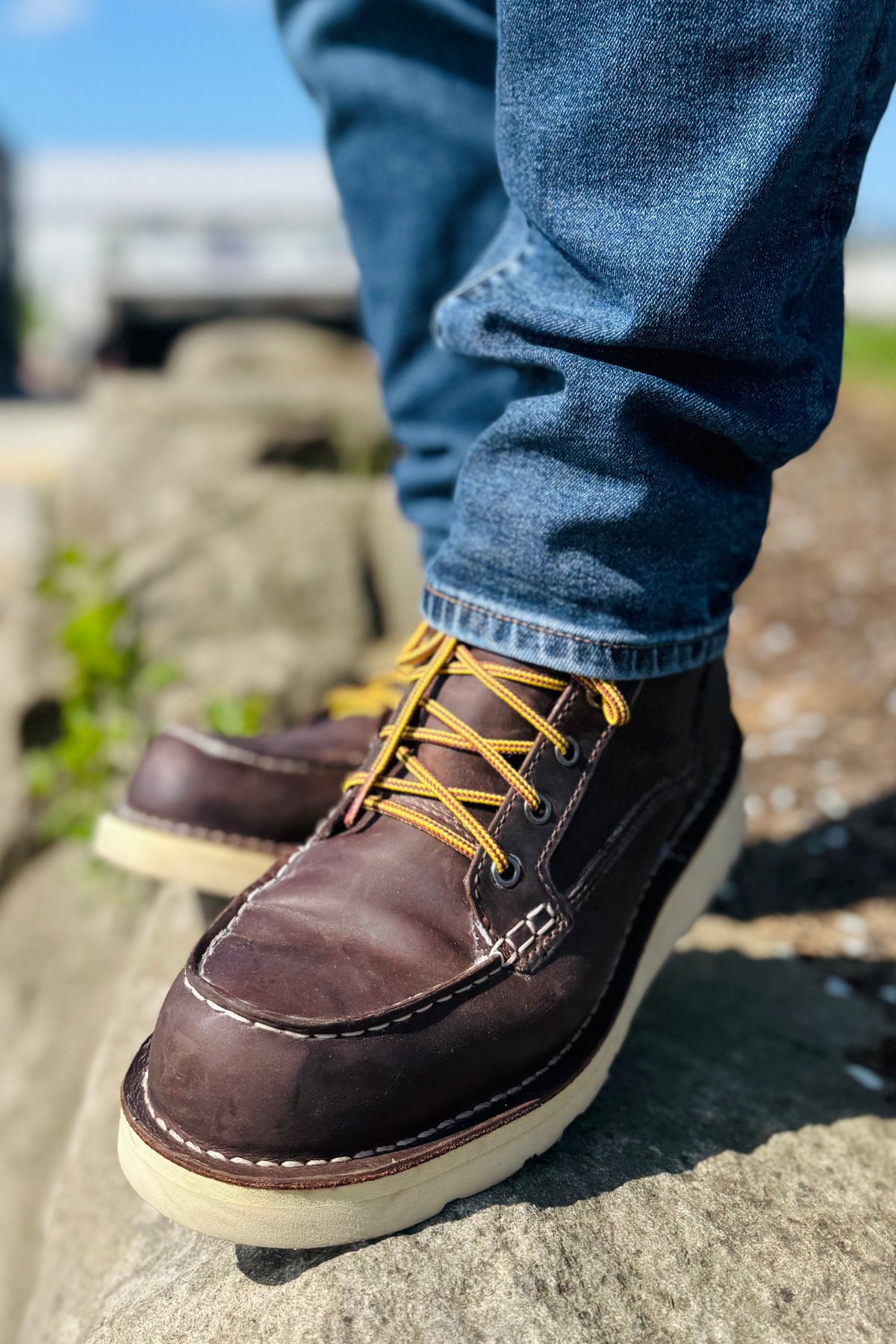 Danner Bull Run Moc Toe GTX in Brown, a waterproof GORE-TEX leather work boot with classic moc toe styling for job sites, farm chores, rainy days and weekend wear
