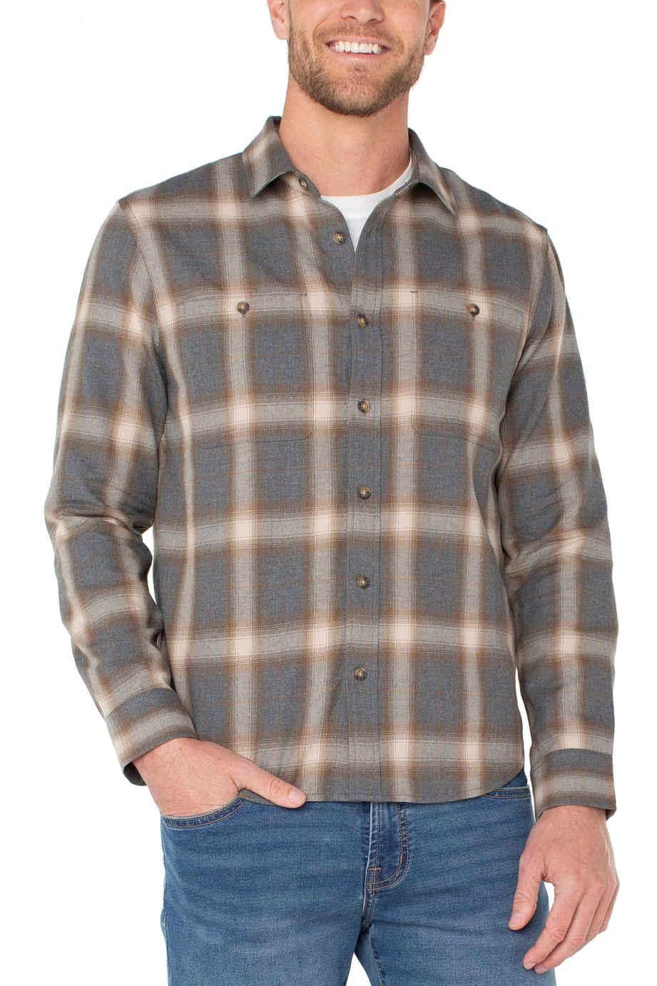 Liverpool button up long sleeve shirt in Grey Beige Multi plaid, a soft 100% cotton button-down for business casual days, weekend brunch and dinners out