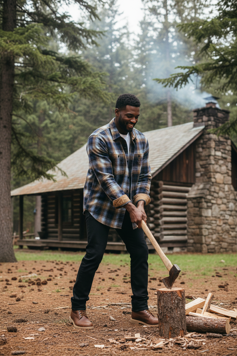 True Grit Cabin L/S 2-Pocket plaid shirt in blue, a durable work-and-play layer for splitting firewood, yard work and cozy weekends at the cabin.