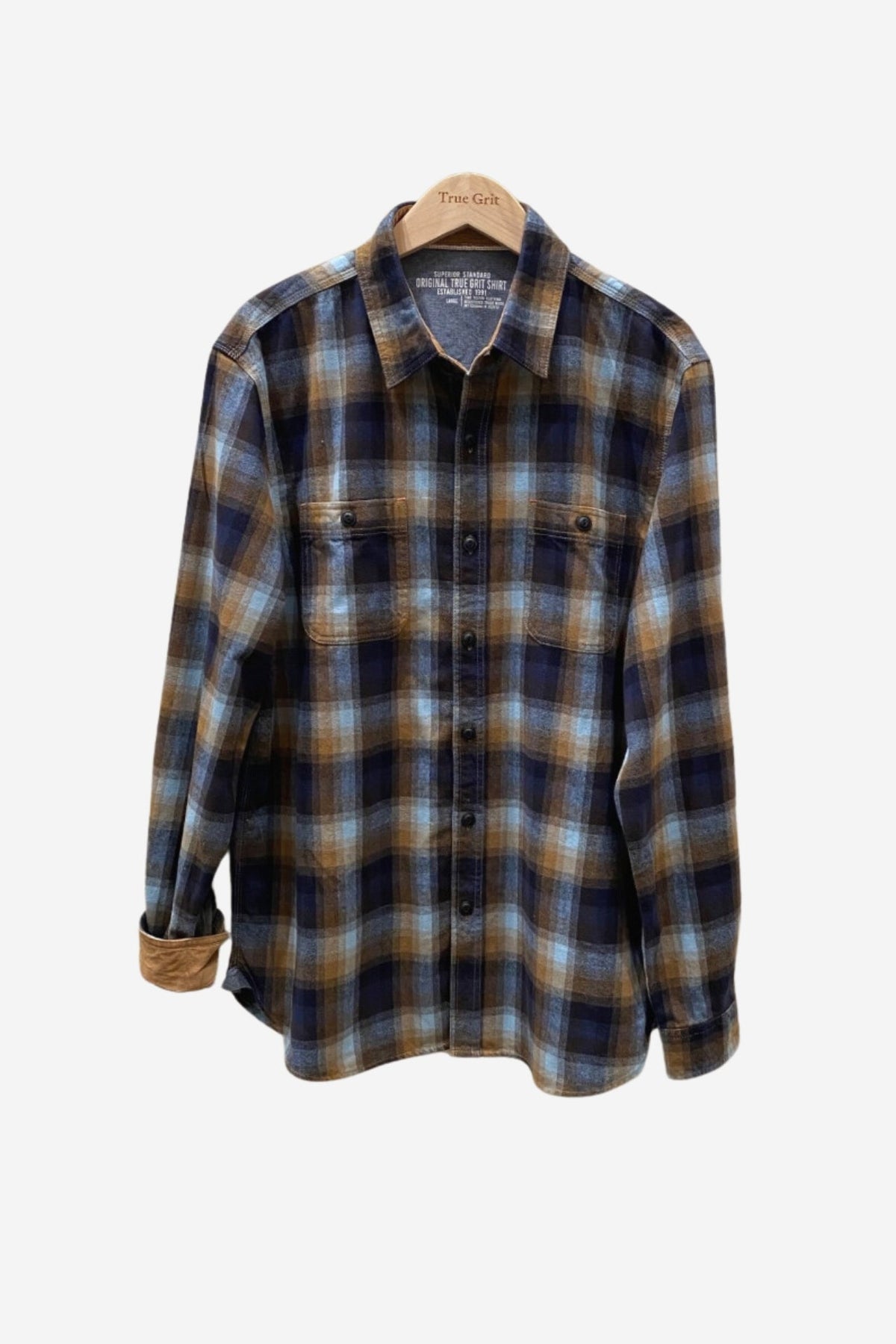 True Grit Cabin long sleeve 2-pocket shirt in Blue plaid, a durable, rugged loose-fit flannel for cabin weekends, campfires, yard work and chilly fall days