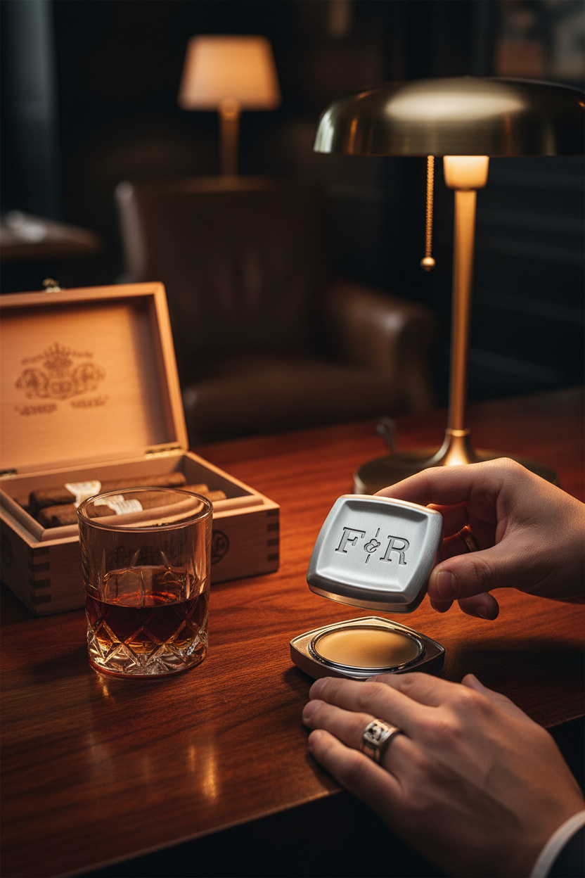 Fulton & Roark Calle Ocho solid cologne on a wood bar top with a glass of rum and cigar box, a rum, tobacco and sandalwood fragrance for evenings out, date nights and gifting