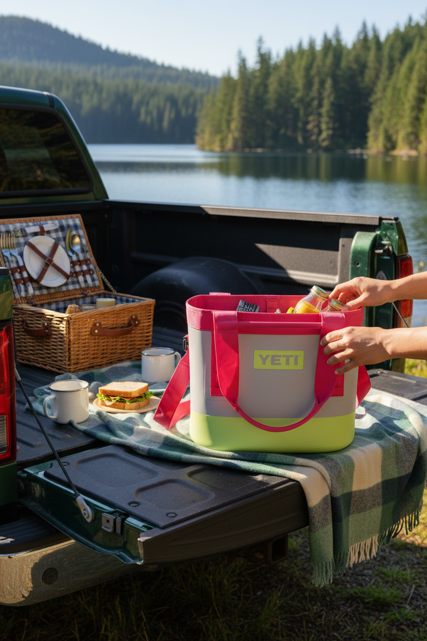 YETI Camino Carryall 20 Tote Bag in Mist/Tropical Pink/Grasshopper at a lakeside picnic, perfect for picnics, beach days, camping and road trips