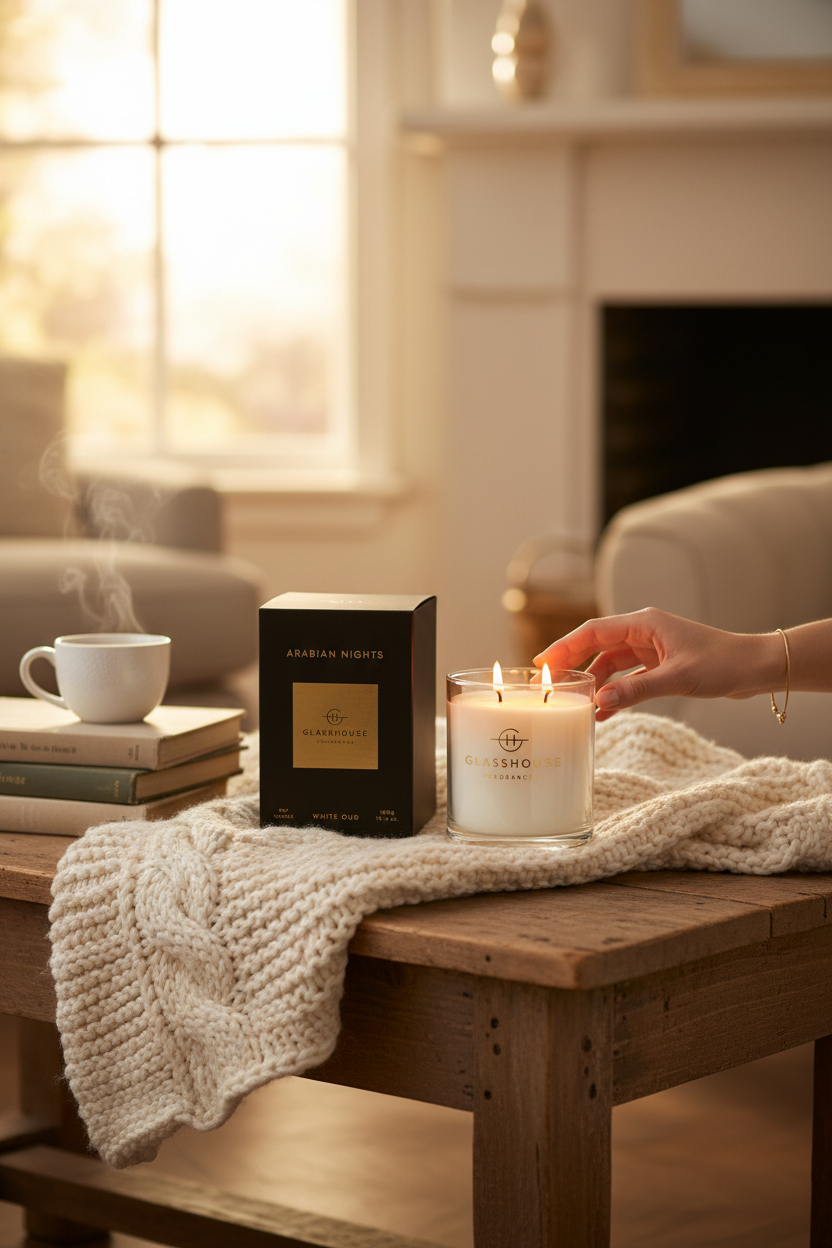 Glasshouse Arabian Nights 13.4 oz candle lit on a cozy coffee table, perfect for cozy evenings at home, hosting and gifting