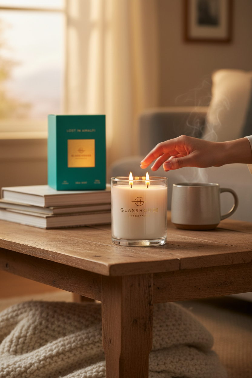 Glasshouse Lost In Amalfi 13.4 oz candle lit on a cozy coffee table, perfect for cozy evenings at home, hosting and gifting