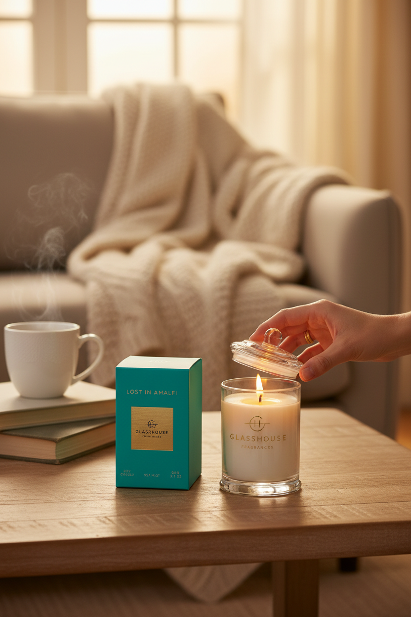 Glasshouse Lost in Amalfi 2.1 oz candle lit on a cozy coffee table, perfect for cozy evenings at home, hosting and gifting