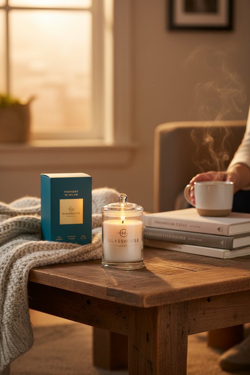 Glasshouse Midnight In Milan 2.1 oz candle lit on a cozy coffee table, perfect for cozy evenings at home, hosting and gifting