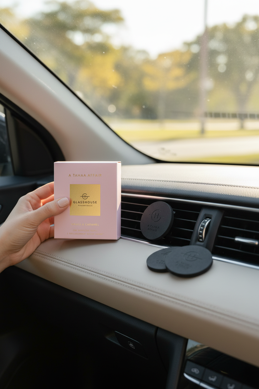 Glasshouse A Tahaa Affair Car Diffuser Refill scent discs in a car interior, perfect for keeping your car smelling fresh on every drive