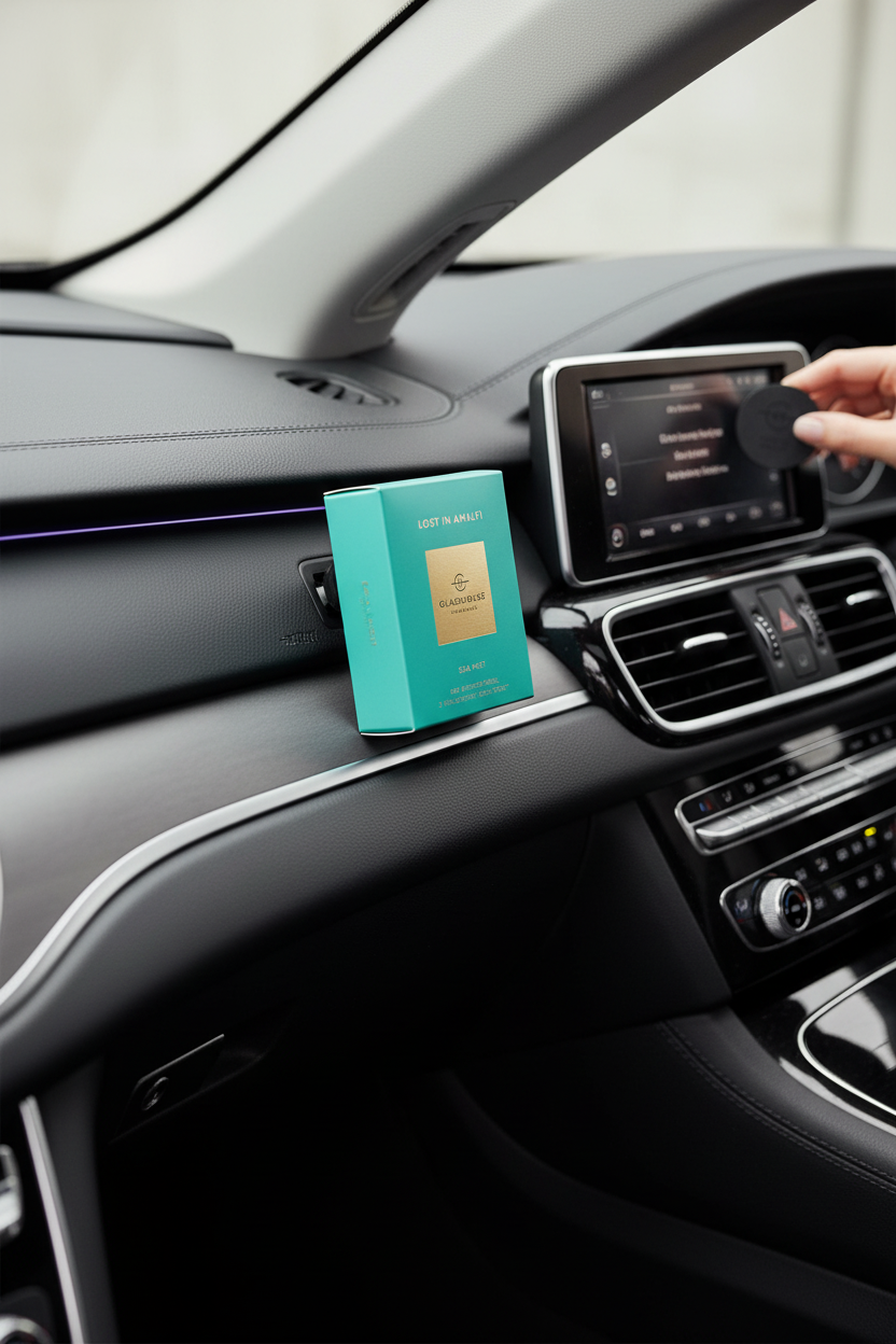 Glasshouse Lost In Amalfi Car Diffuser Refill in a car interior, perfect for keeping your car smelling fresh on every drive