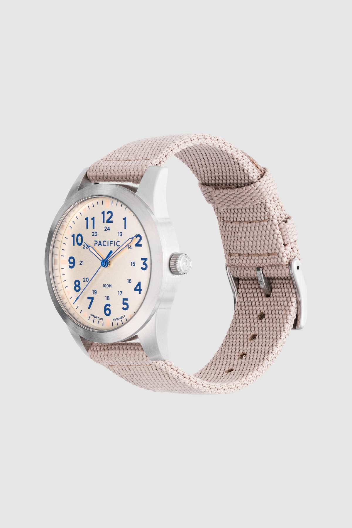 Pacific Watch Company Cascadia field watch in Acadia White with Sandstone strap, a rugged USA-assembled 316L stainless steel watch for hiking, fishing, travel and everyday wear, a great gift for him