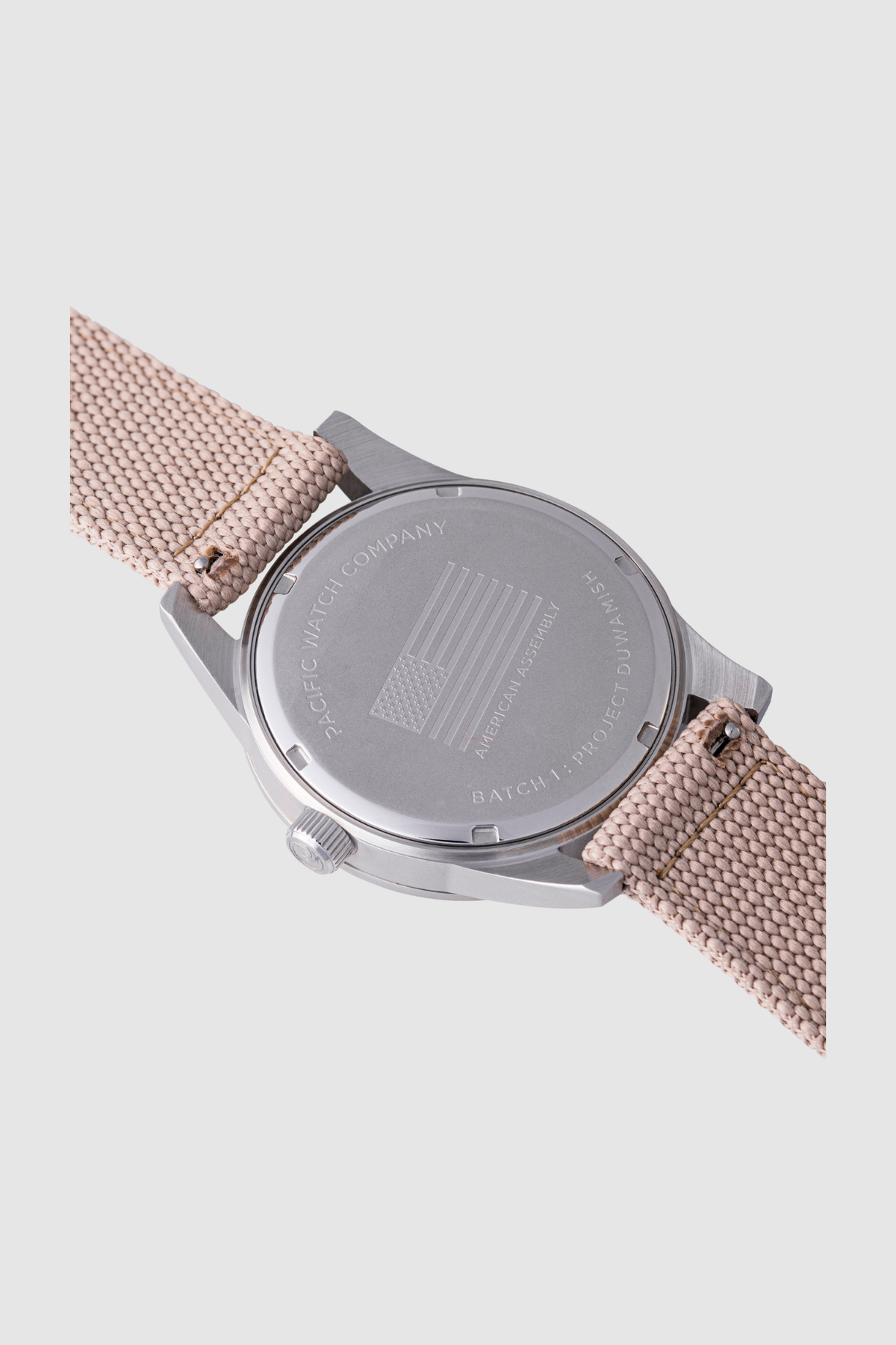 Pacific Watch Company Cascadia field watch in Acadia White with Sandstone strap, a rugged USA-assembled 316L stainless steel watch for hiking, fishing, travel and everyday wear, a great gift for him
