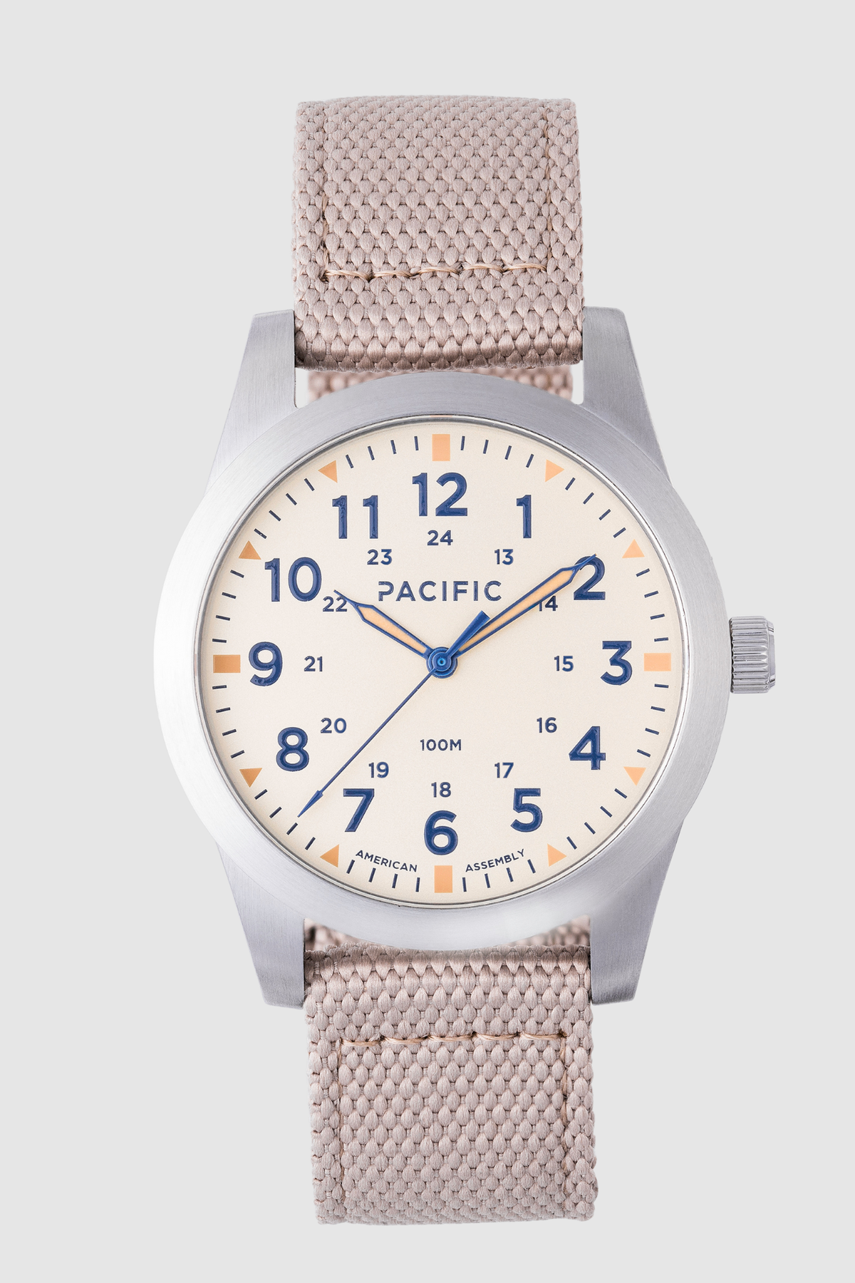 Pacific Watch Company Cascadia field watch in Acadia White with Sandstone strap, a rugged USA-assembled 316L stainless steel watch for hiking, fishing, travel and everyday wear, a great gift for him