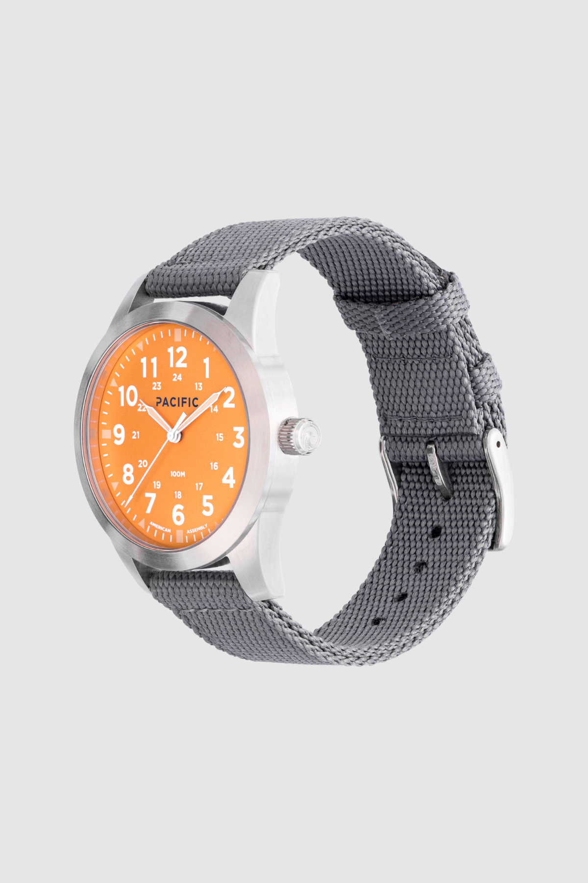 Pacific Watch Company Cascadia field watch in Orange Crush with Grey strap, a rugged USA-assembled 316L stainless steel watch for hiking, fishing, travel and everyday wear, a great gift for him