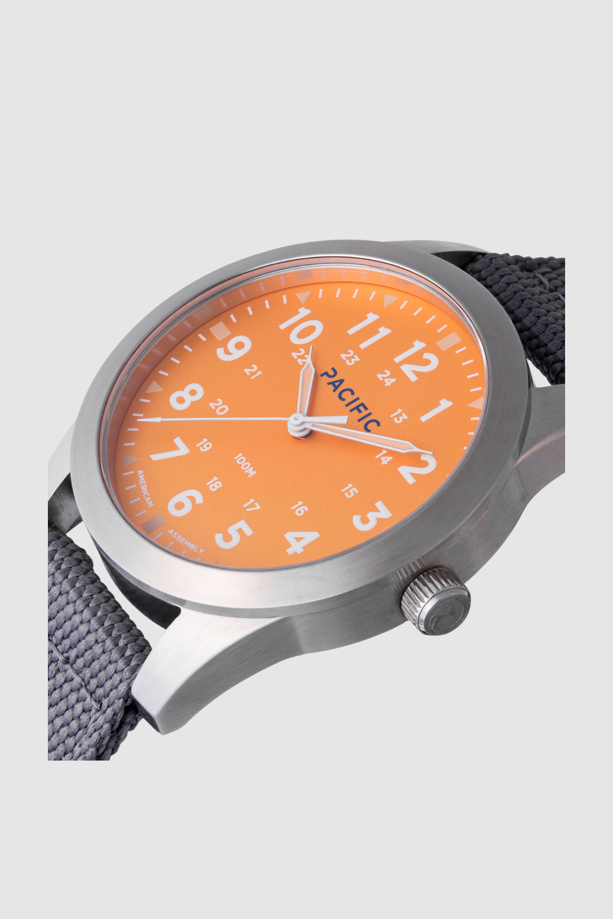 Pacific Watch Company Cascadia field watch in Orange Crush with Grey strap, a rugged USA-assembled 316L stainless steel watch for hiking, fishing, travel and everyday wear, a great gift for him