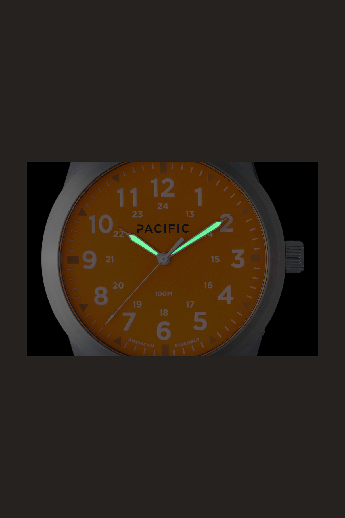 Pacific Watch Company Cascadia field watch in Orange Crush with Grey strap, a rugged USA-assembled 316L stainless steel watch for hiking, fishing, travel and everyday wear, a great gift for him