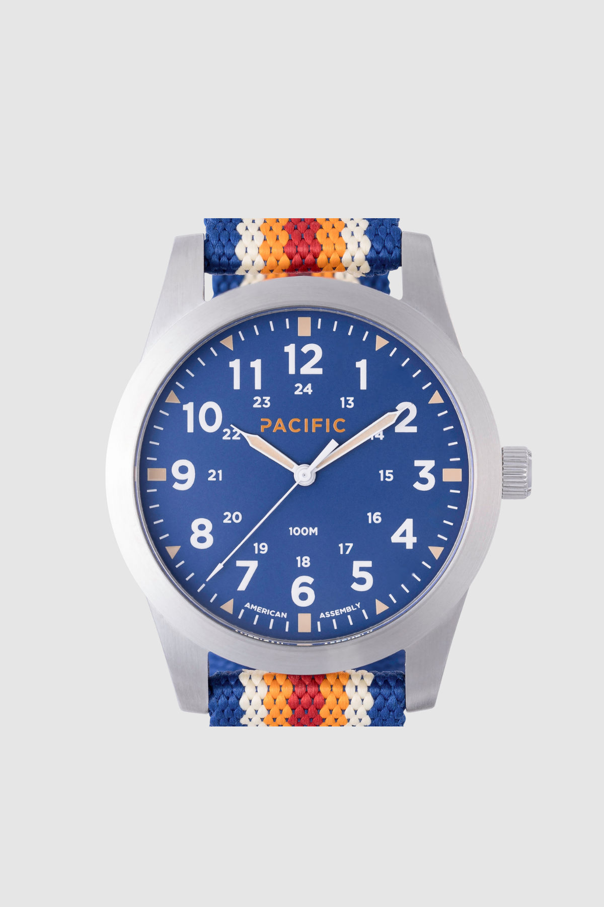 Pacific Watch Company Cascadia field watch in Slate Blue with PWC Stripe strap, a rugged USA-assembled 316L stainless steel watch for hiking, fishing, travel and everyday wear, a great gift for him