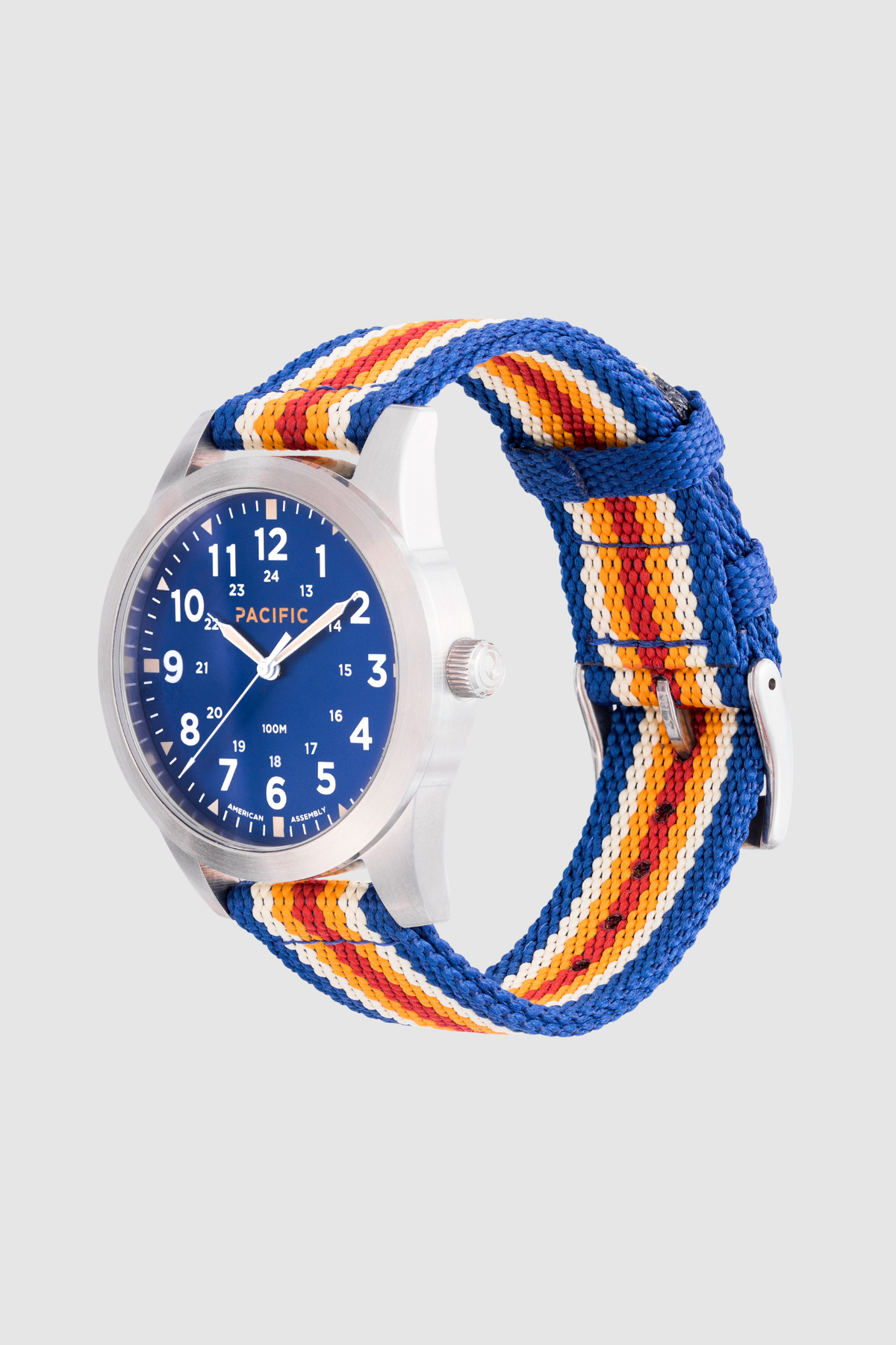 Pacific Watch Company Cascadia field watch in Slate Blue with PWC Stripe strap, a rugged USA-assembled 316L stainless steel watch for hiking, fishing, travel and everyday wear, a great gift for him