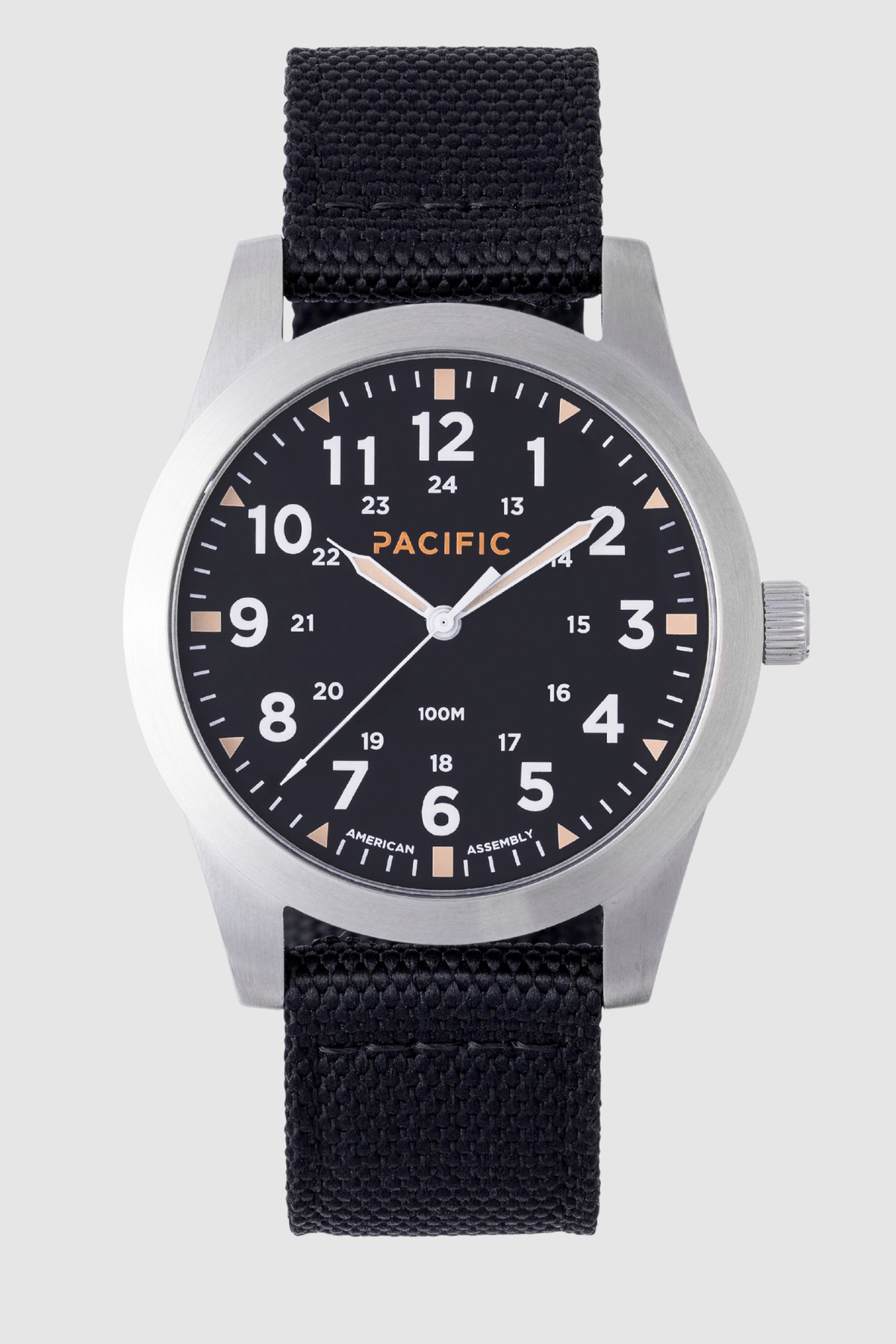 Pacific Watch Company Cascadia field watch in True Black with Black strap, a rugged USA-assembled 316L stainless steel watch for hiking, fishing, travel and everyday wear, a great gift for him
