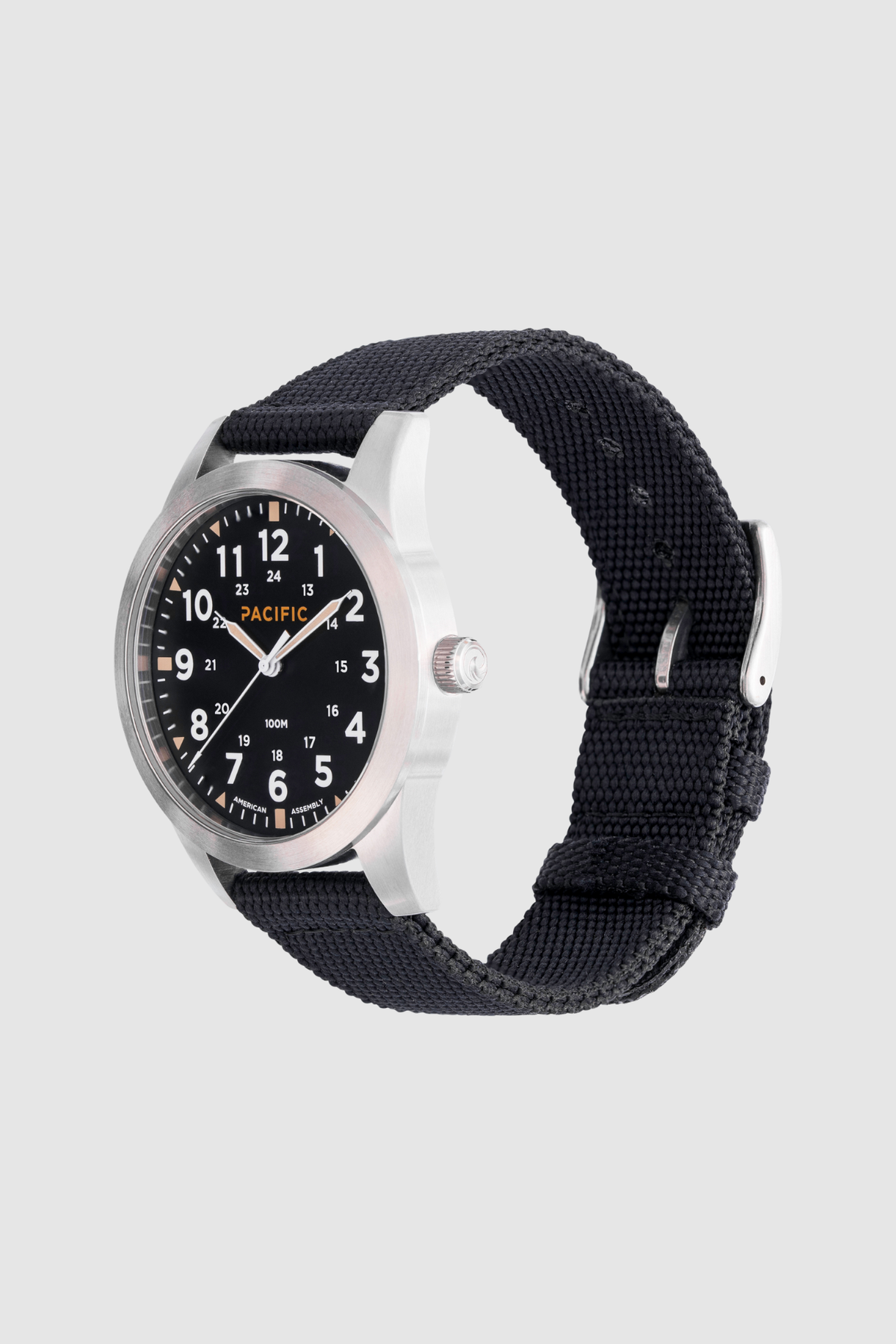 Pacific Watch Company Cascadia field watch in True Black with Black strap, a rugged USA-assembled 316L stainless steel watch for hiking, fishing, travel and everyday wear, a great gift for him