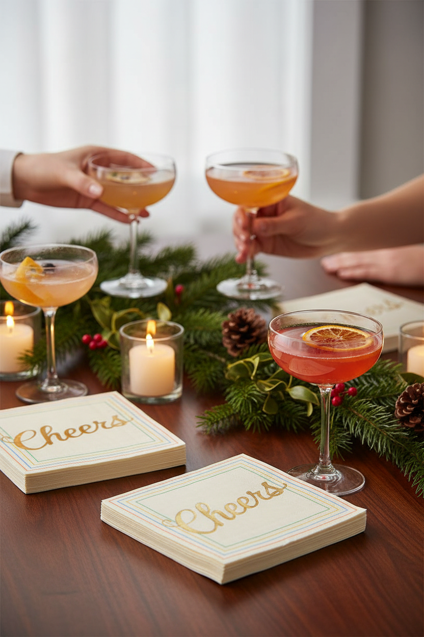 Sophistiplate Cheers Cocktail Napkins on a festive party table with cocktails, perfect for holiday parties, happy hours and hosting