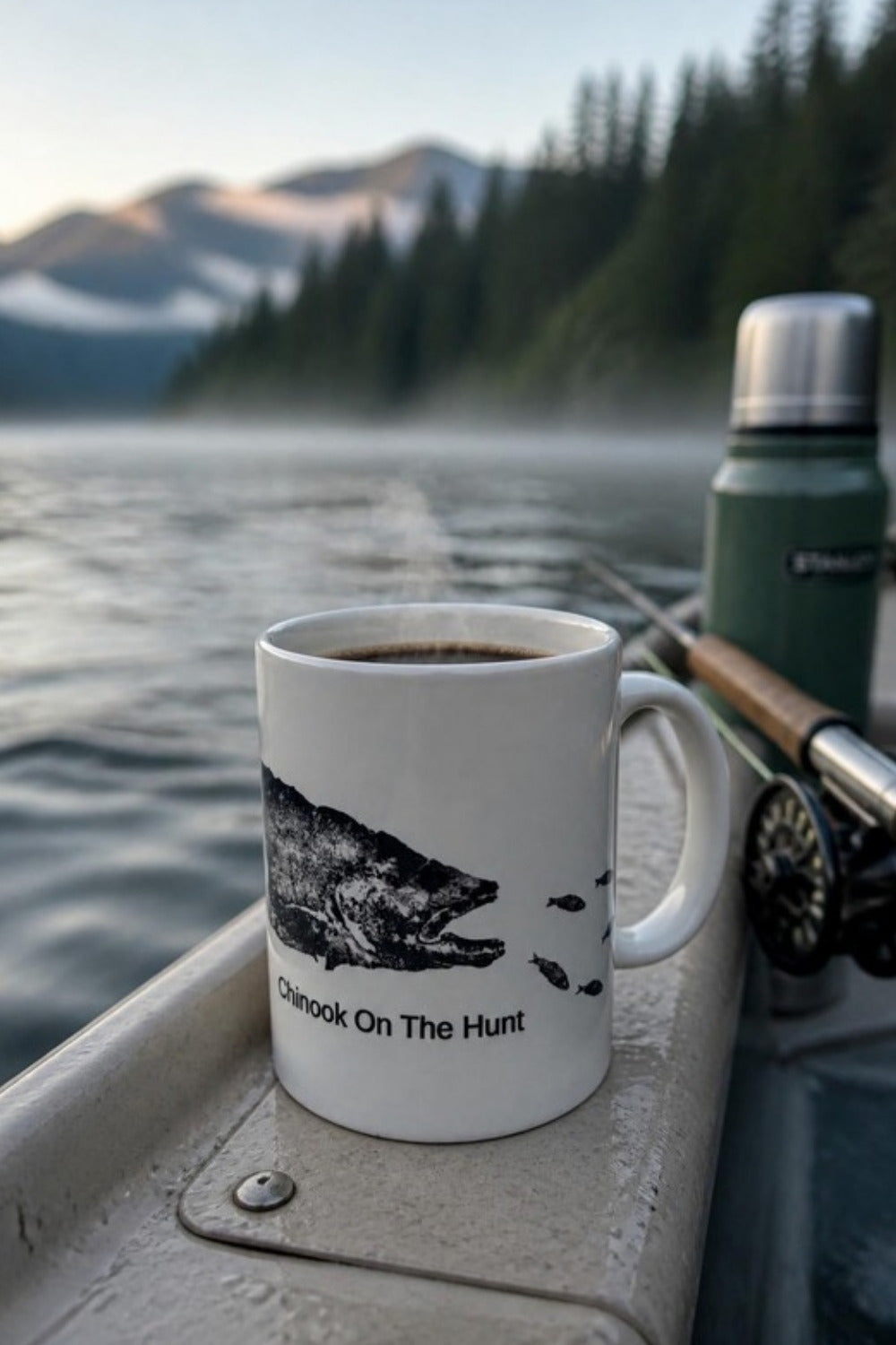 "Chinook On The Hunt" Gyotaku coffee mug for salmon season — bring it on the drift boat at first light or enjoy your morning coffee at home dreaming of the next king. Original BMO fish art, a perfect Father's Day or holiday gift for salmon anglers.