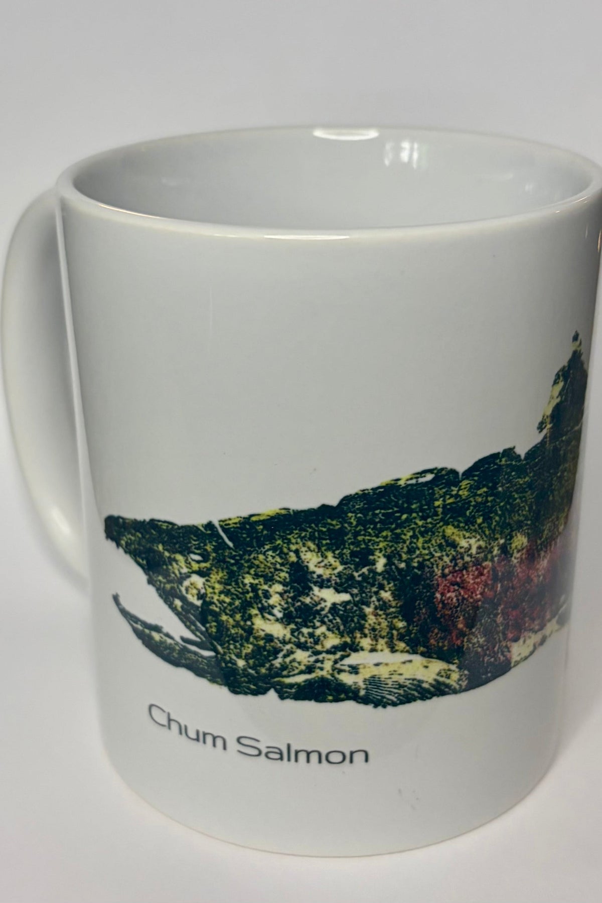 Bigfoot Mountain Outfitters Chum Salmon coffee mug, a tribute to Pacific Northwest fishing for morning coffee at home, the office or the cabin, a great gift for salmon anglers
