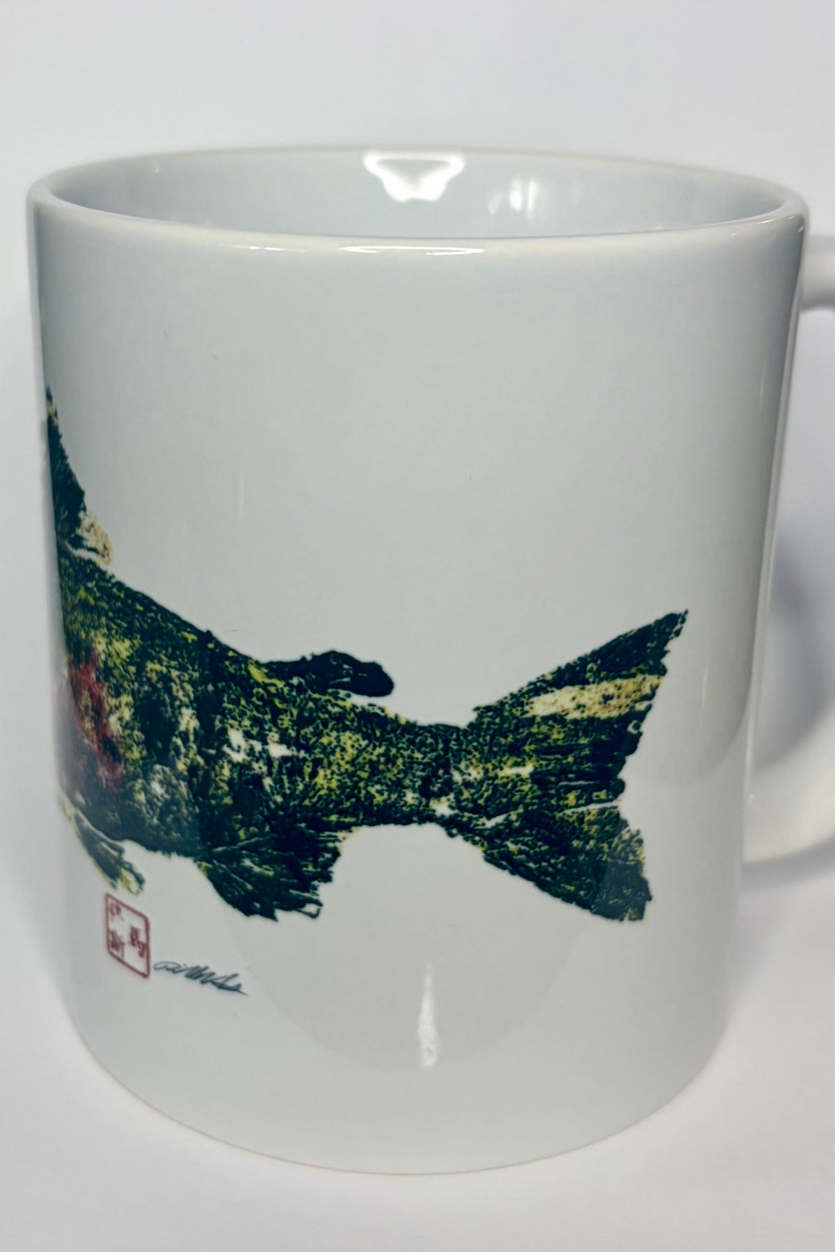 Bigfoot Mountain Outfitters Chum Salmon coffee mug, a tribute to Pacific Northwest fishing for morning coffee at home, the office or the cabin, a great gift for salmon anglers