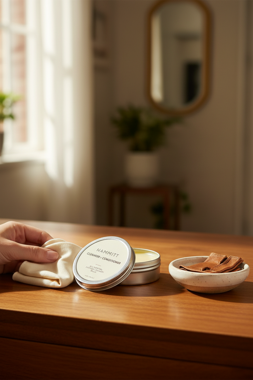 Hammitt Cleanser + Conditioner on a warm wood vanity, perfect for caring for and protecting leather bags