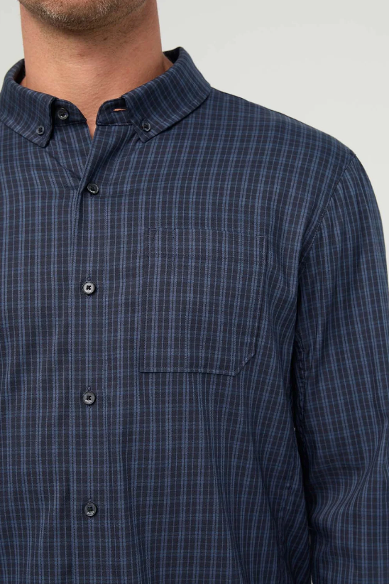 DUER Cloudweight twill shirt in Navy Check, a lightweight, trim classic-fit button-up for the office, travel days, dinners out and everyday wear