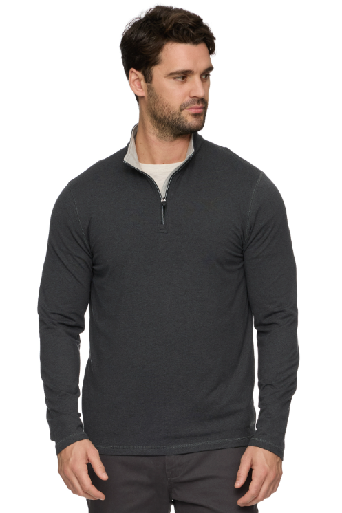 Flag & Anthem Clutch quarter zip in Black Heather, an easy performance layer for golf mornings, the office, travel and cool fall evenings