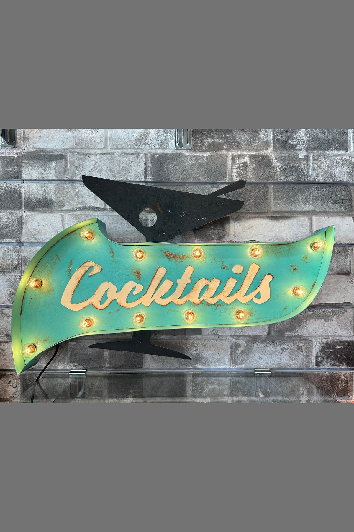 Fosterweld cocktail sign with martini glass in Teal/Black, a marquee-style metal sign that brings mid-century vibes to a home bar, man cave, patio or basement, a great housewarming gift