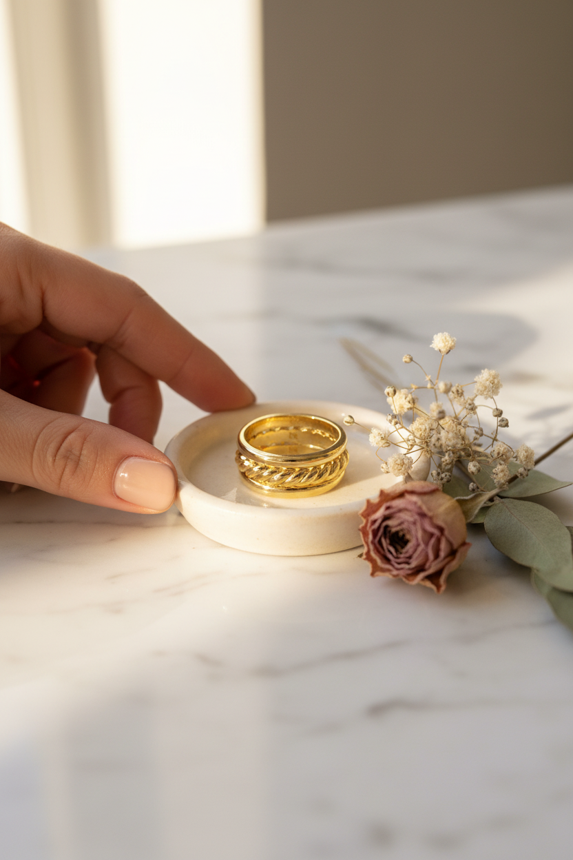 Miranda Frye Colleen Stacking Rings on a ceramic ring dish, perfect for stacking, everyday wear and gifting