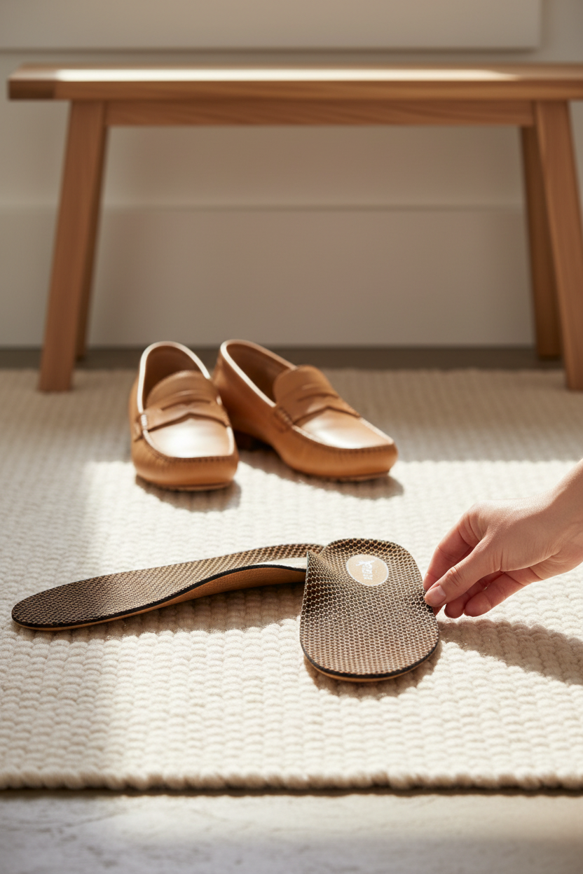 Aetrex Compete Orthotics L400 next to camel leather shoes by an entryway bench, perfect for all-day comfort in heels, flats, boots and sneakers