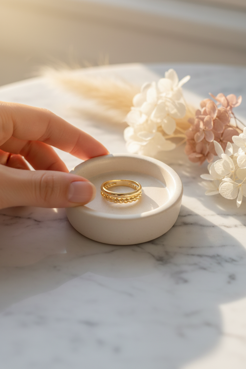 Sahira Jewelry Design Cora Ring on a ceramic ring dish, perfect for stacking, everyday wear and gifting
