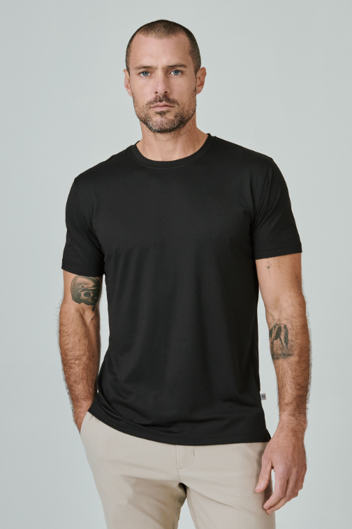 7 Diamonds Core crew neck tee in Black, a functional, sustainable everyday tee that stays soft and stretchy for the gym, golf, travel and layering