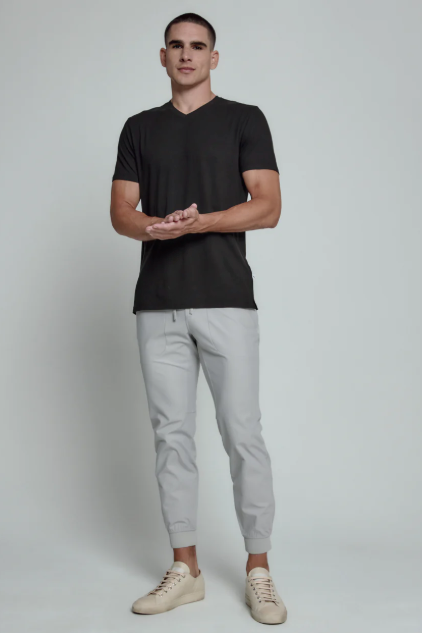 7 Diamonds Core V-neck tee in Black, a soft, stretchy, sustainable everyday tee for layering under a jacket, travel days, the gym and weekends